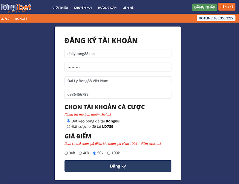 Giao diện trang điền thông tin đăng ký Bong88.